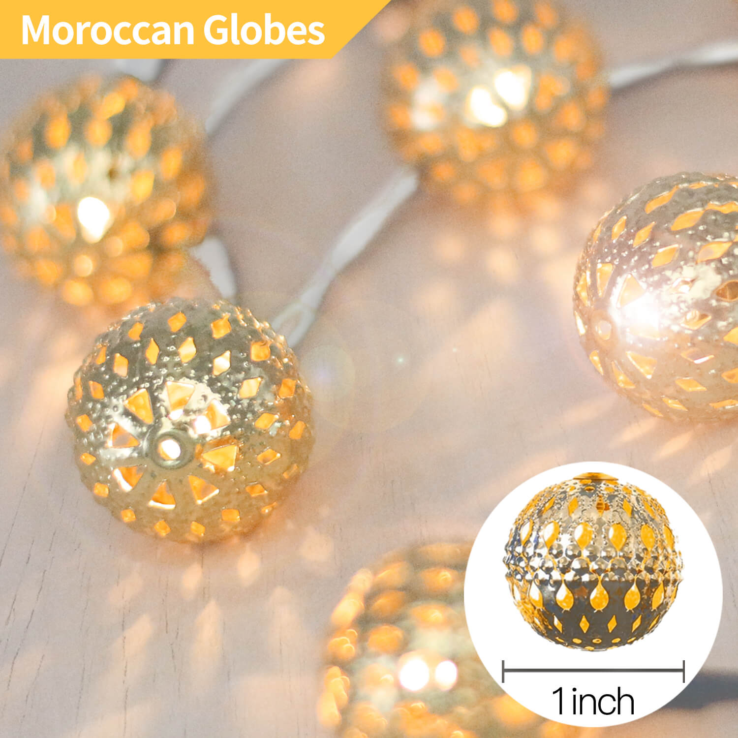 Battery Powered Moroccan Orb Silver Metal Balls String Lights LED