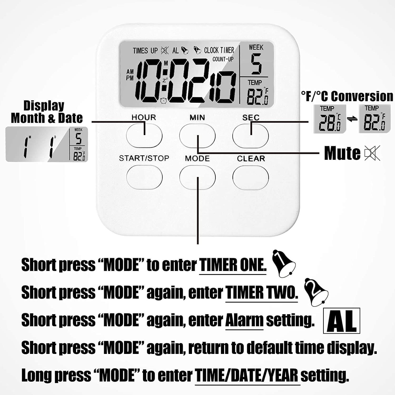 Digital Timer Alarm Clock with Mute/Loud Switch Betus